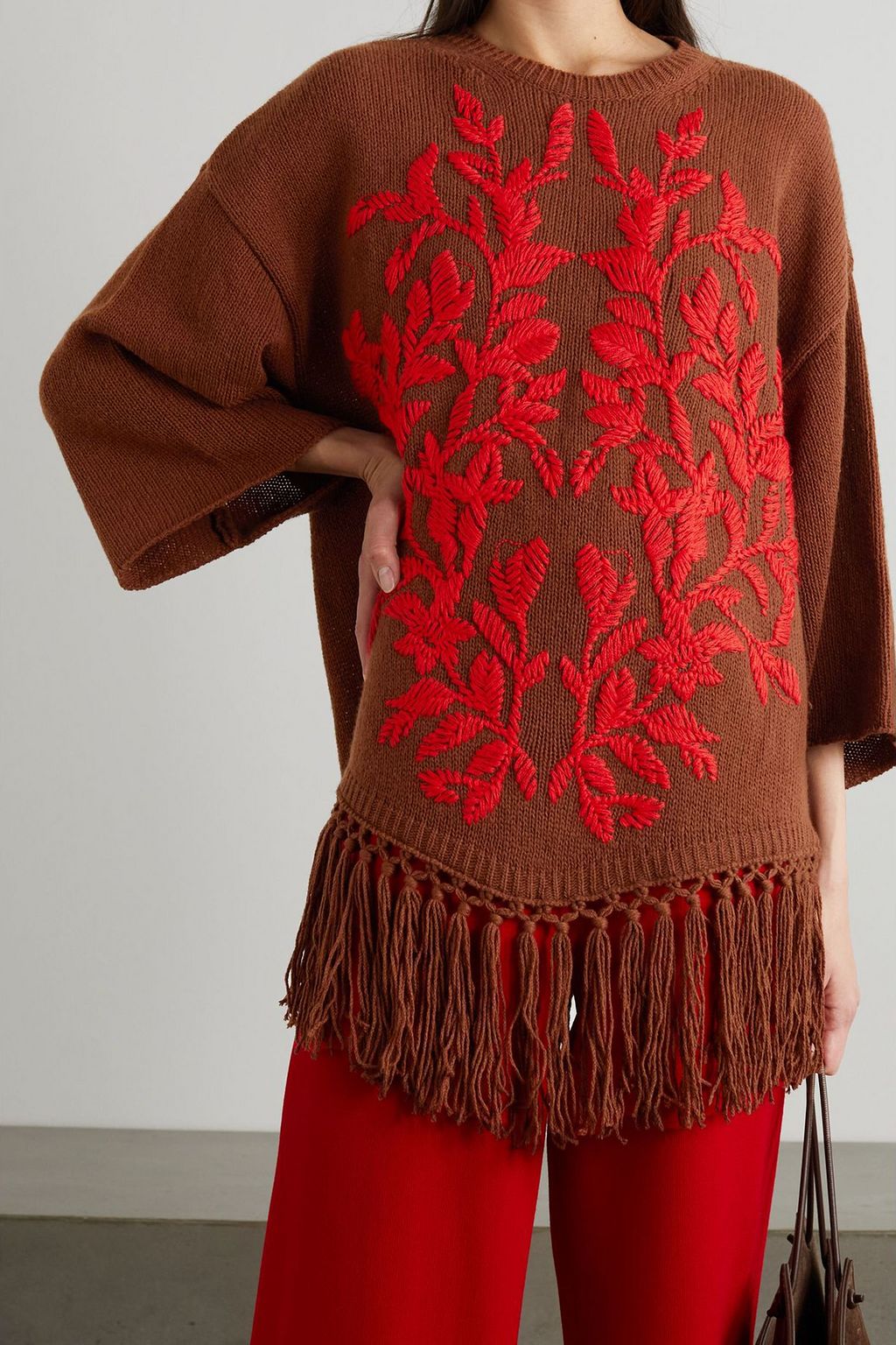 VALENTINO GARAVANI Fringed embroidered wool poncho
