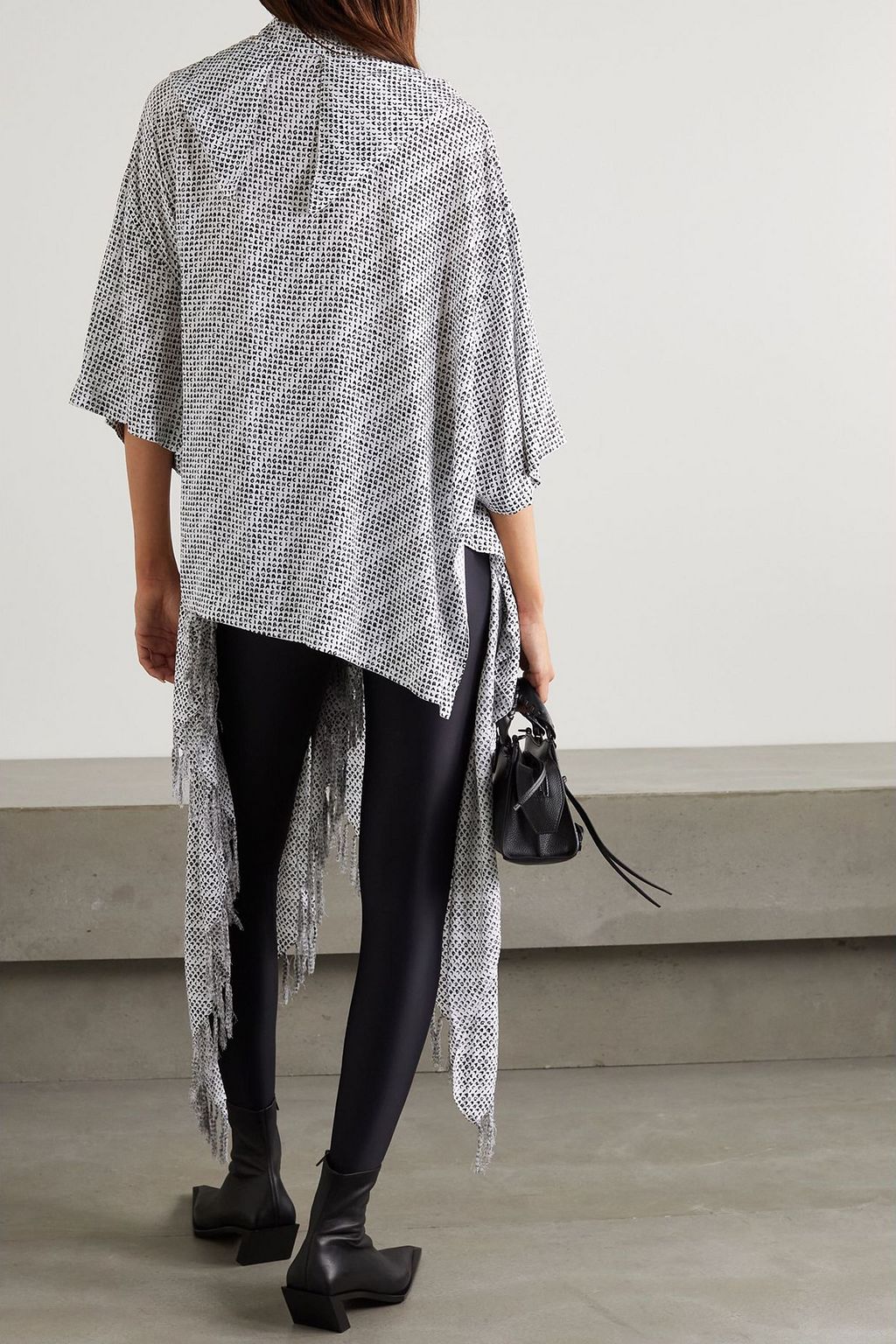 BALENCIAGA Asymmetric fringed printed cady wrap blouse