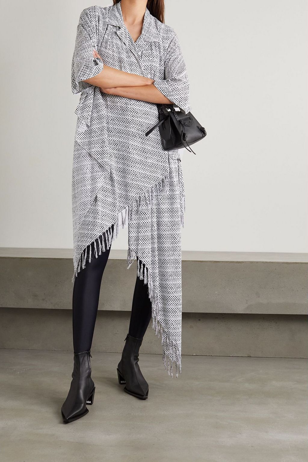 BALENCIAGA Asymmetric fringed printed cady wrap blouse