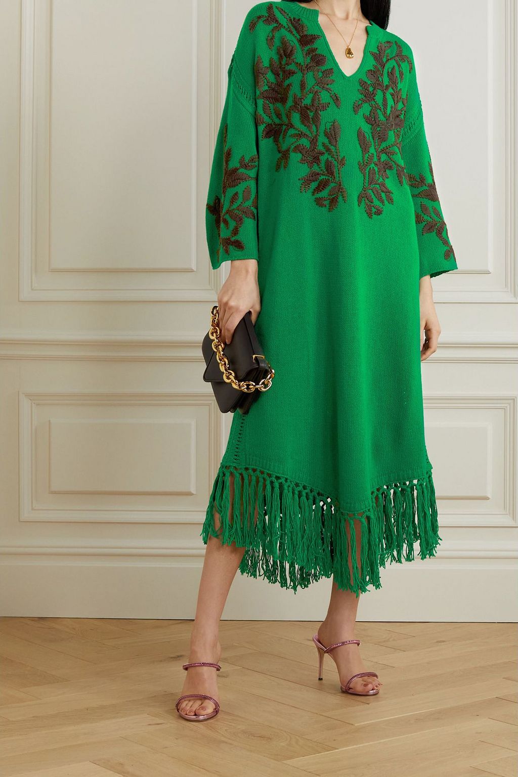 VALENTINO GARAVANI Fringed embroidered wool midi dress