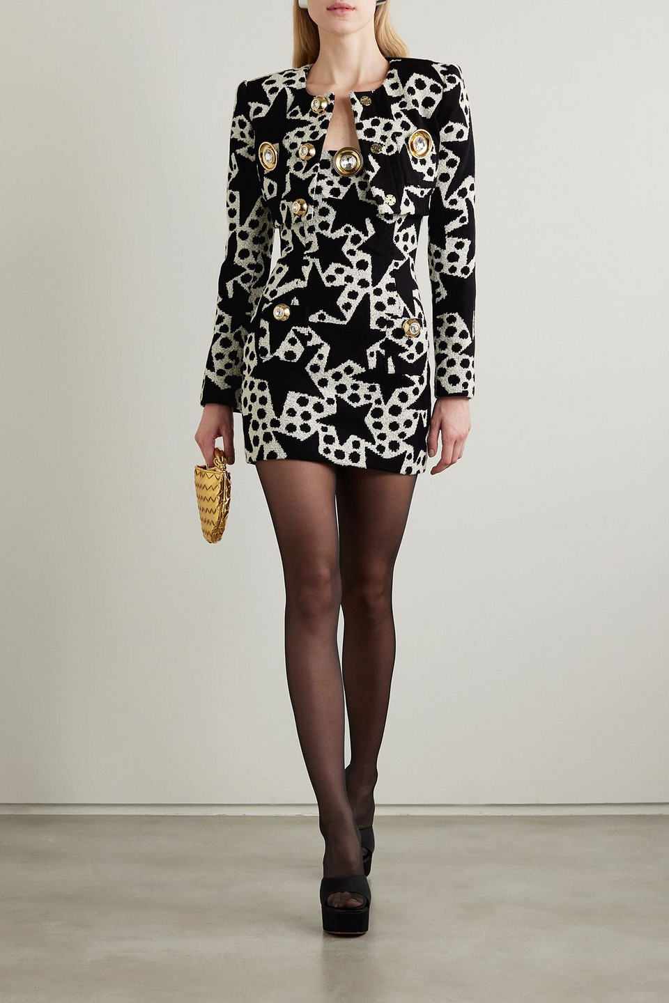 Area Cropped Embellished Cotton-blend Jacquard Blazer In Black