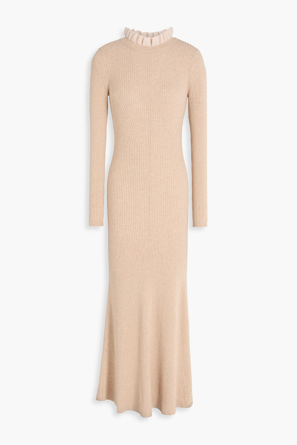 Sandro Ruffled Ribbed-knit Maxi Dress In Neutral