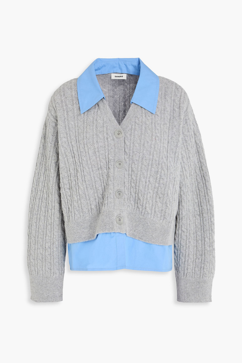 sandro - layered poplin and cable-knit wool-blend cardigan - gray - 2