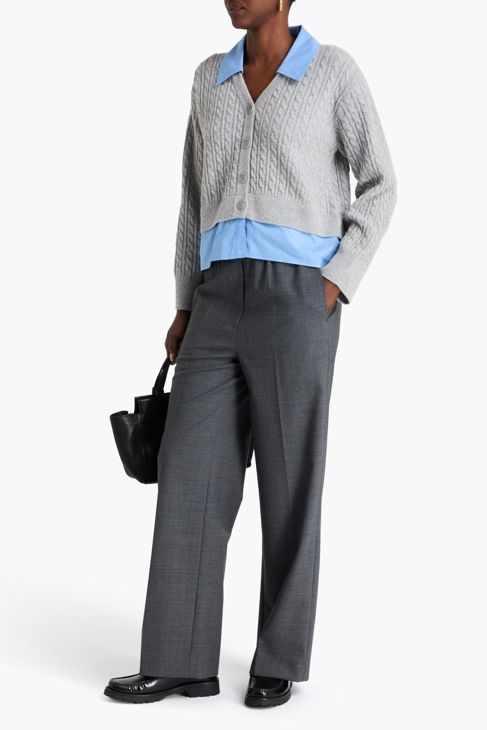 SANDRO Layered poplin and cable-knit wool-blend cardigan