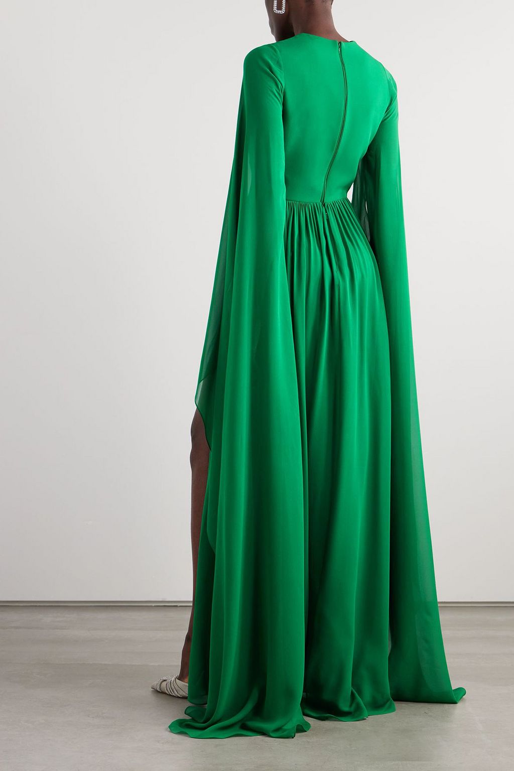 ELIE SAAB Belted satin-trimmed cape-effect pleated silk-chiffon gown