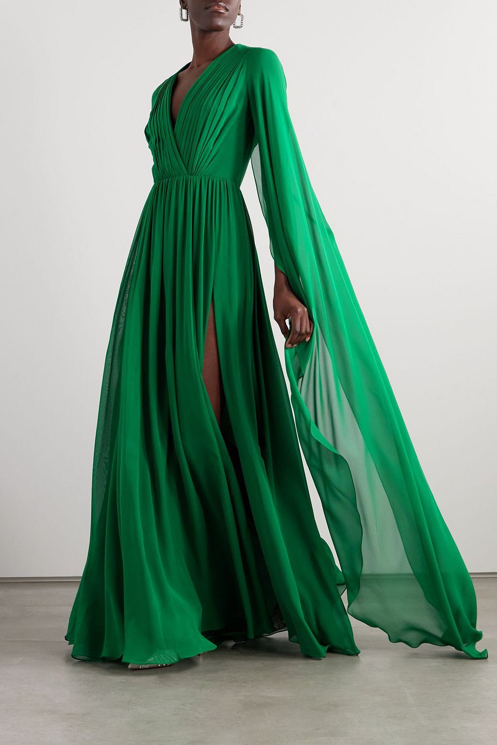 ELIE SAAB Belted satin-trimmed cape-effect pleated silk-chiffon gown