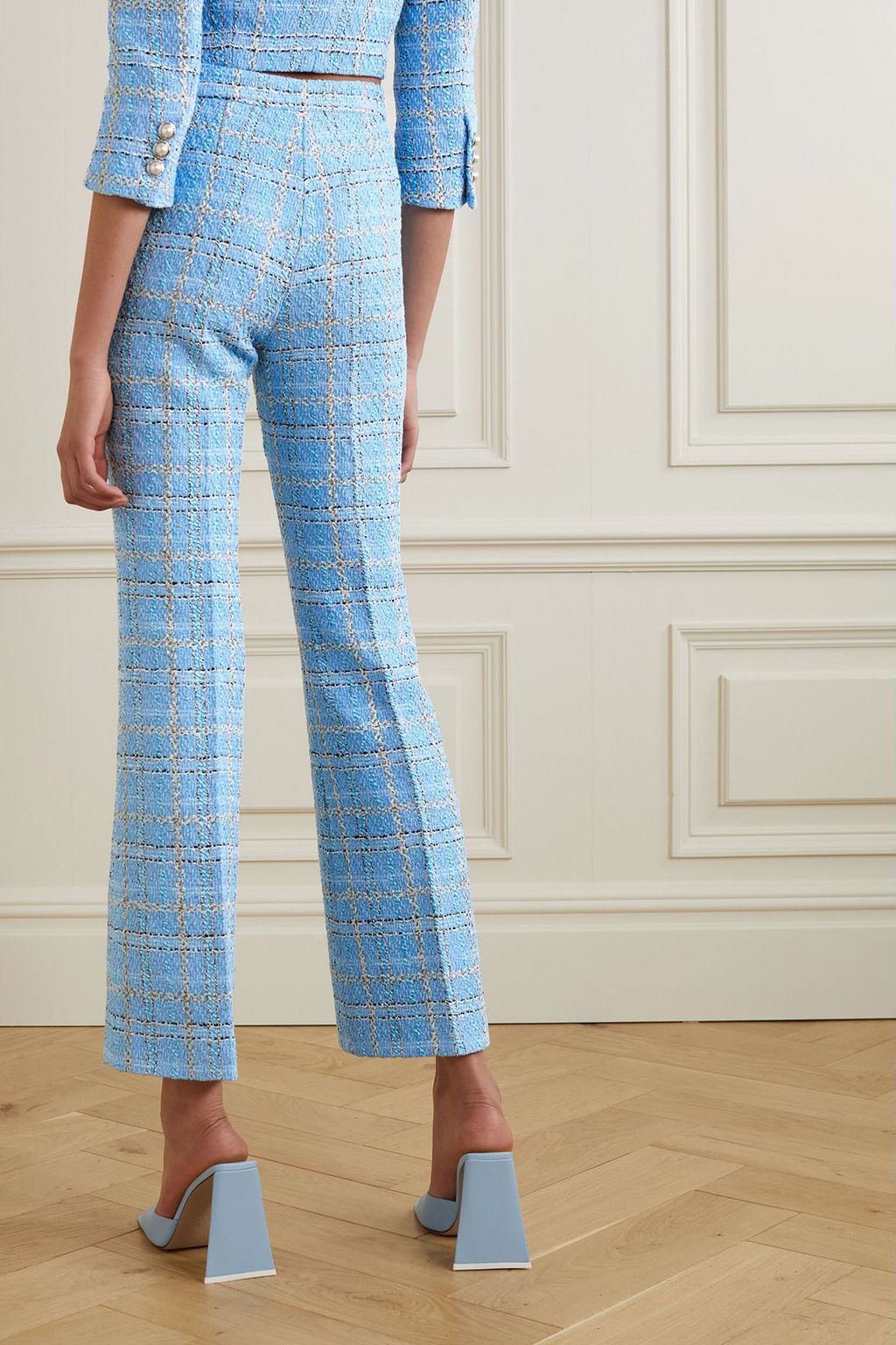 ALESSANDRA RICH Embellished checked metallic bouclé-tweed flared pants