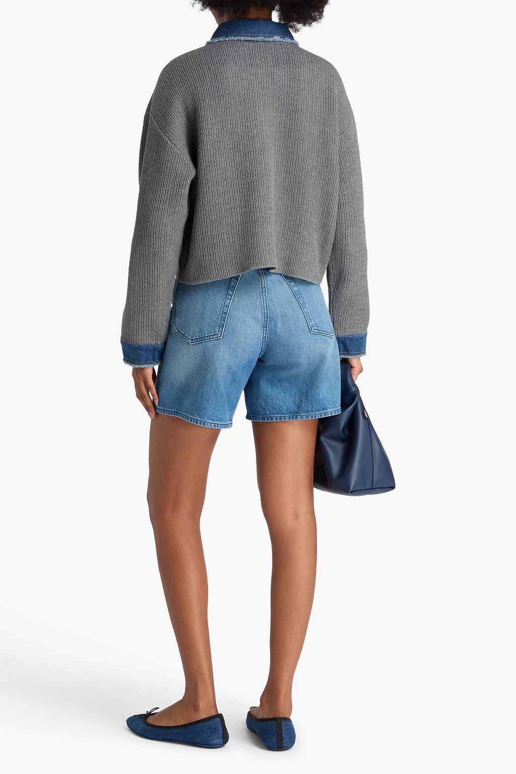 SANDRO Denim-trimmed cable-knit jacket
