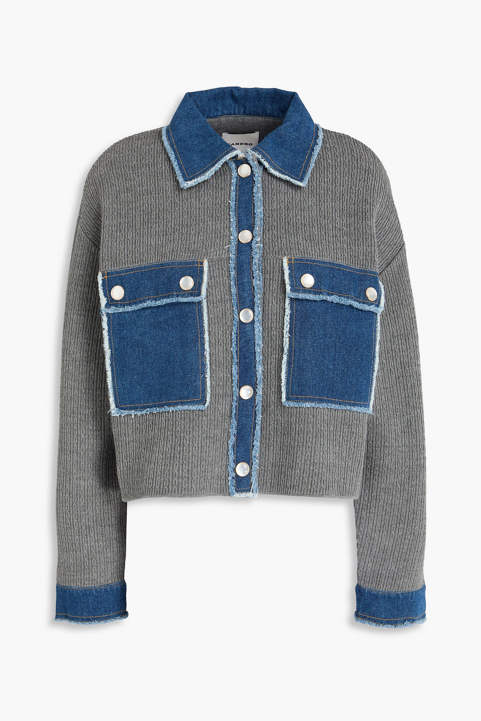 Sandro Denim-trimmed Cable-knit Jacket In Gray