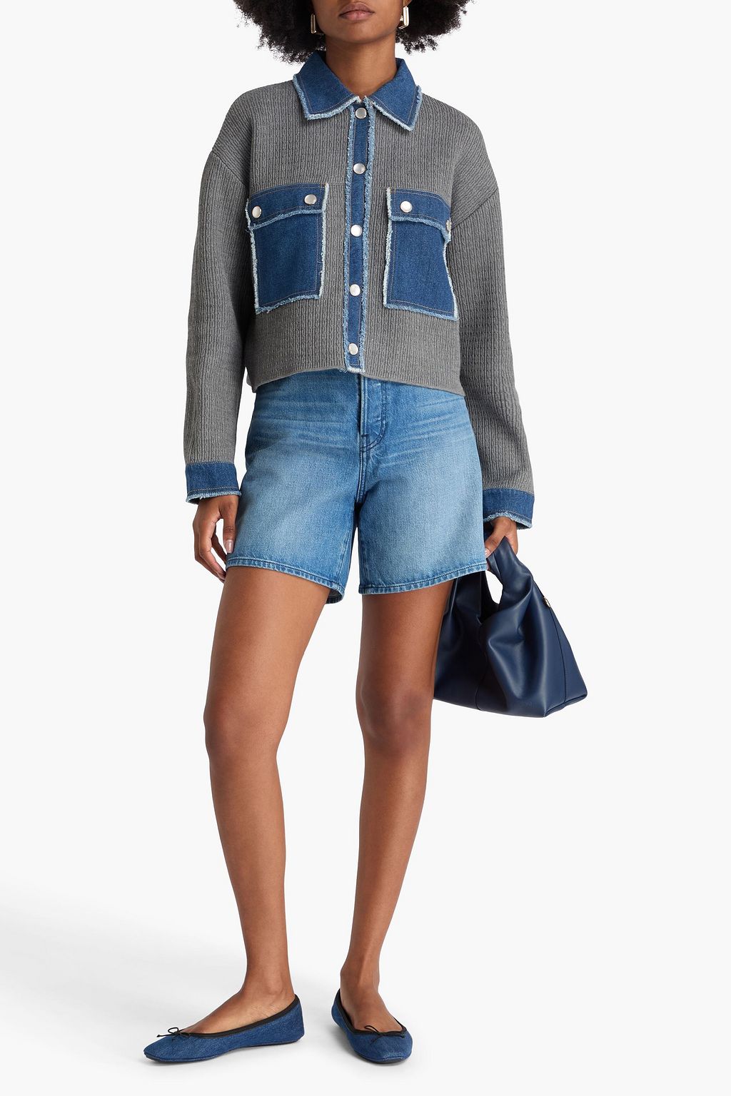 SANDRO Denim-trimmed cable-knit jacket