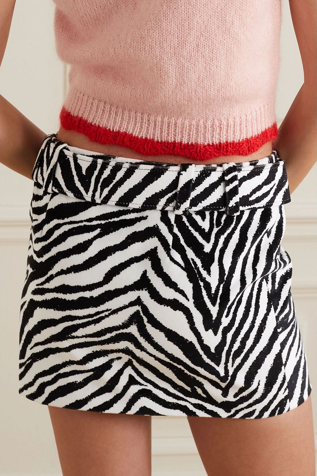 ALESSANDRA RICH Belted zebra-print cotton-velvet mini skirt