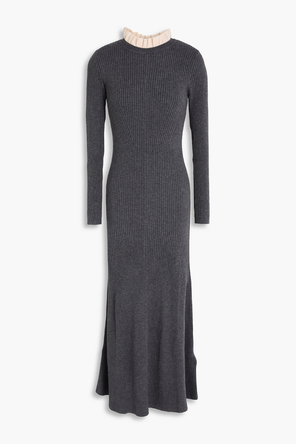 Sandro Ruffled Ribbed-knit Midi Dress In Gray