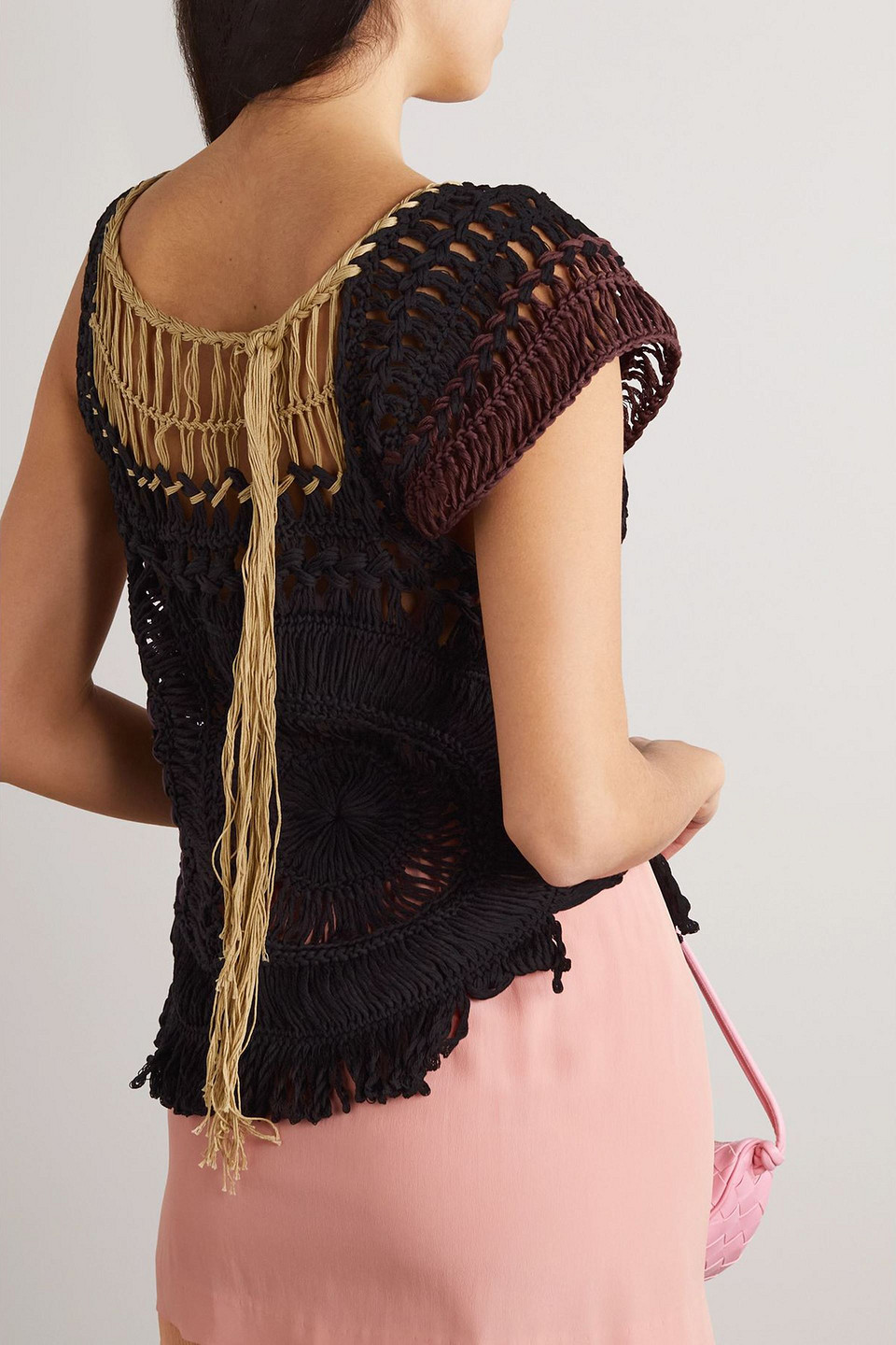 Dries Van Noten Fringed Crochet Knit Top In Black