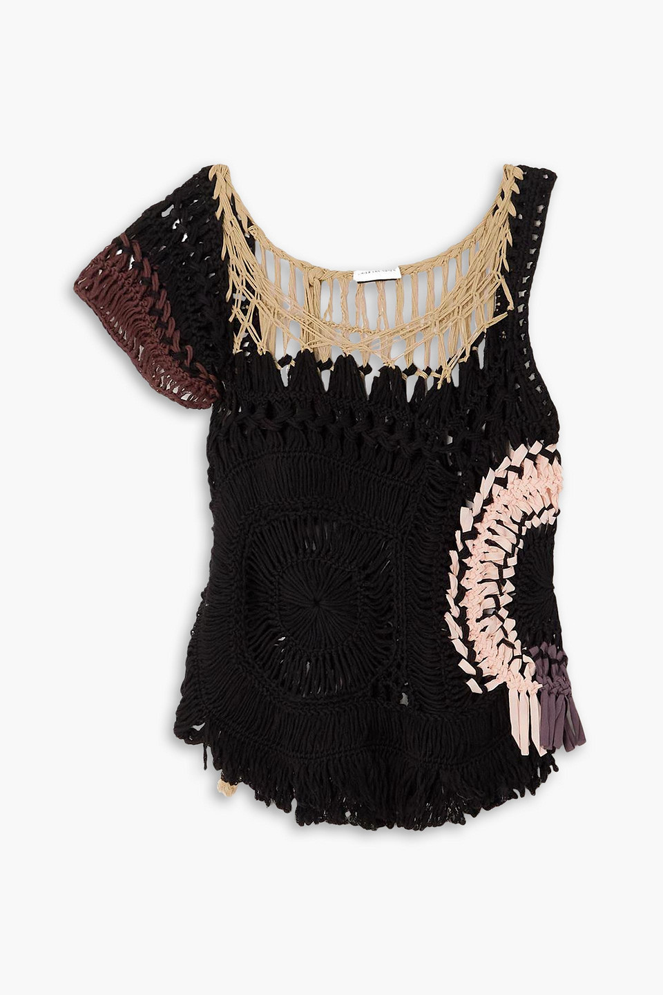 Dries Van Noten Fringed Crochet Knit Top In Black