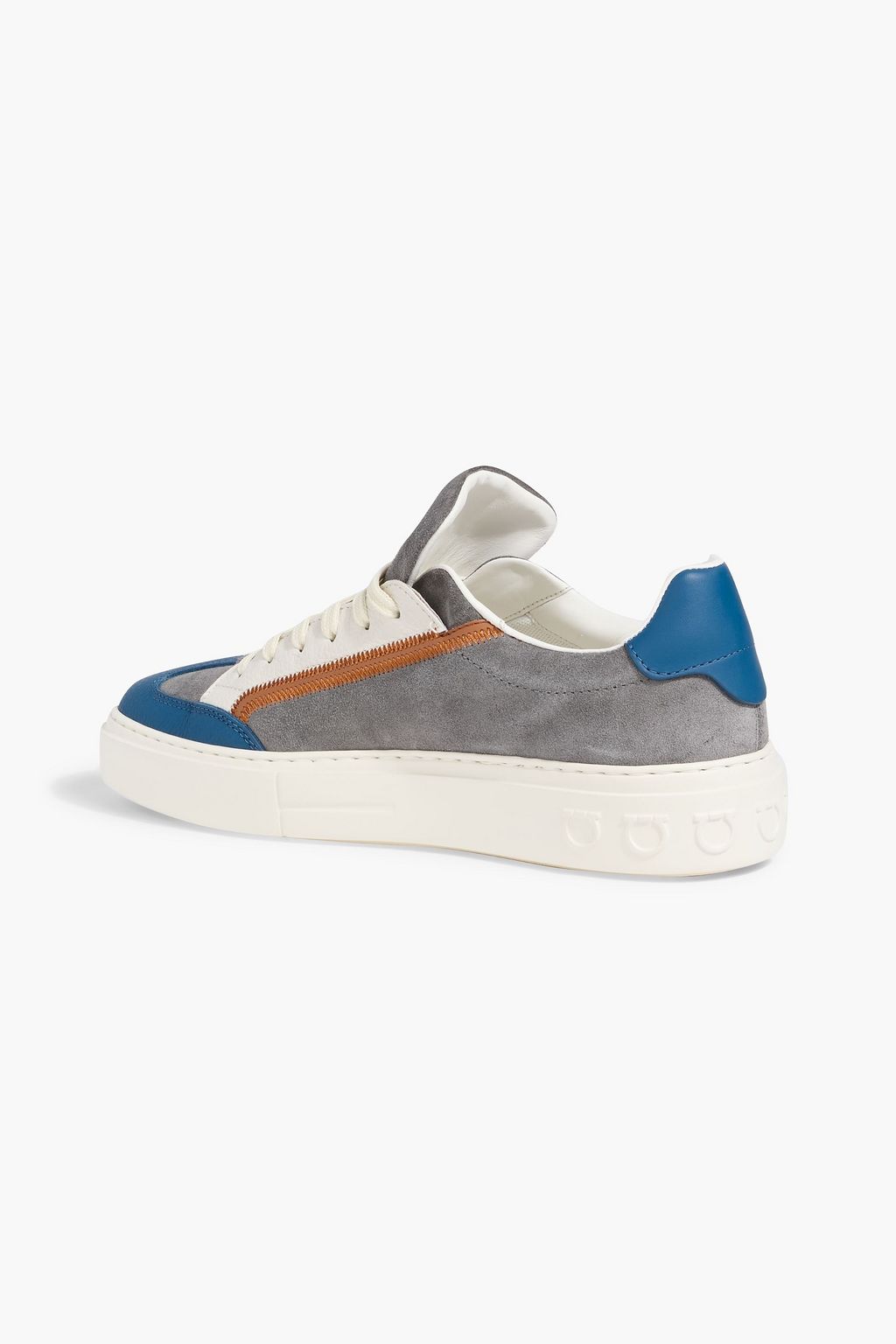 FERRAGAMO Gancini embroidered suede and pebbled-leather sneakers