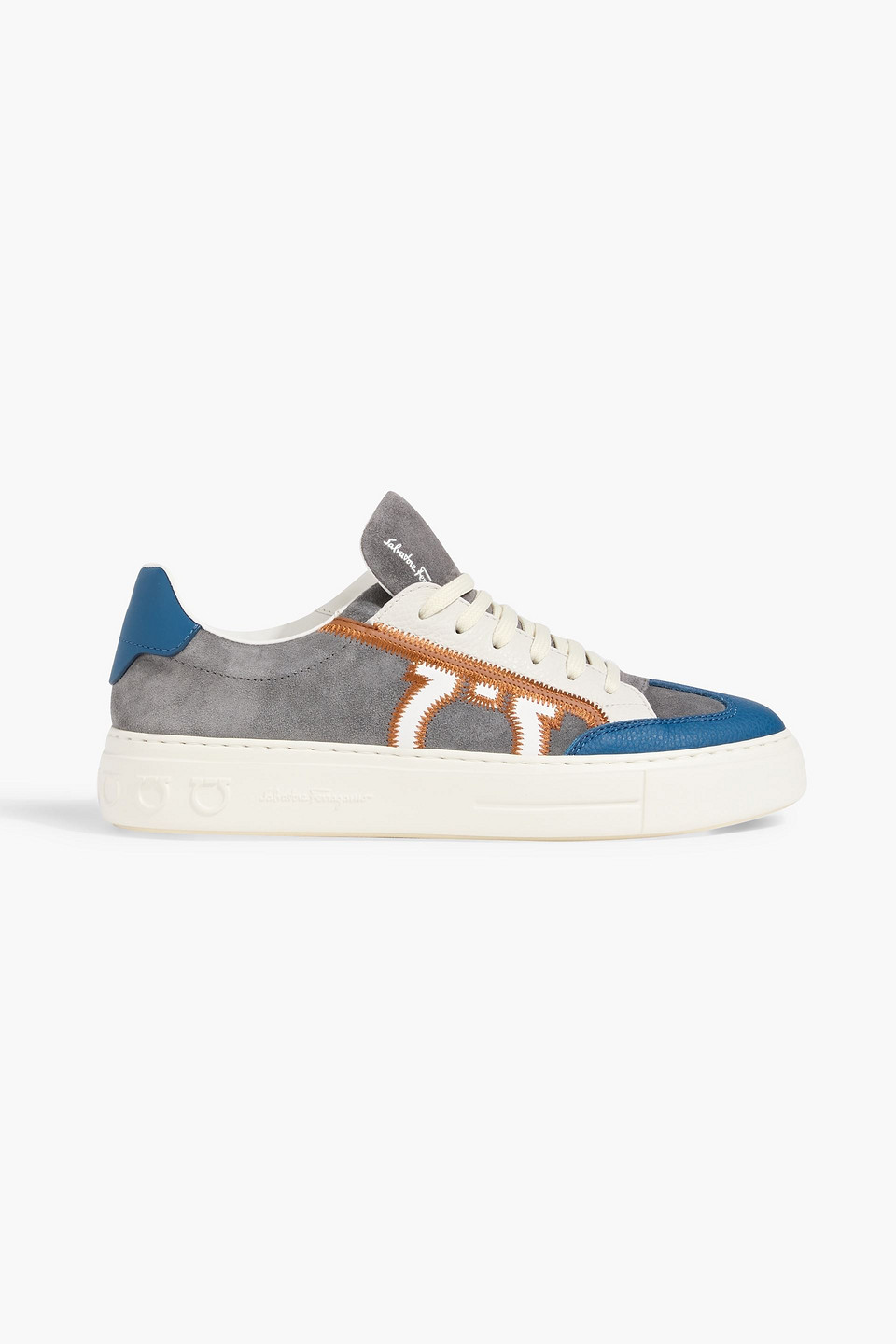 Ferragamo Gancini Embroidered Suede And Pebbled-leather Sneakers In Gray