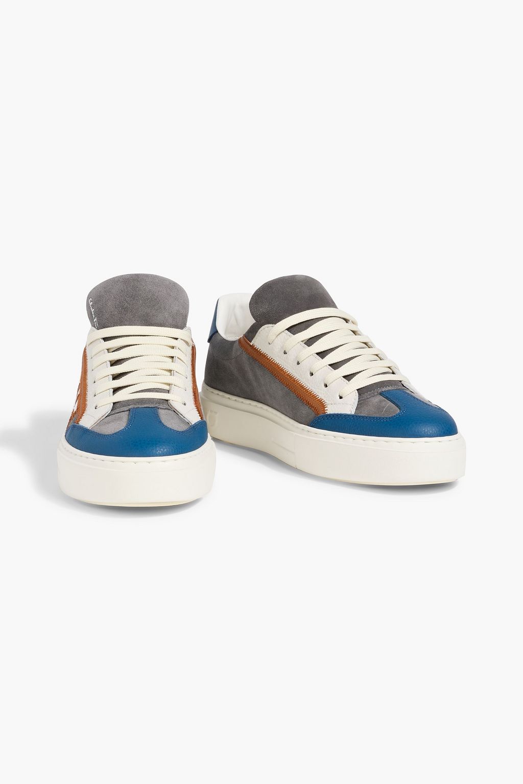 FERRAGAMO Gancini embroidered suede and pebbled-leather sneakers