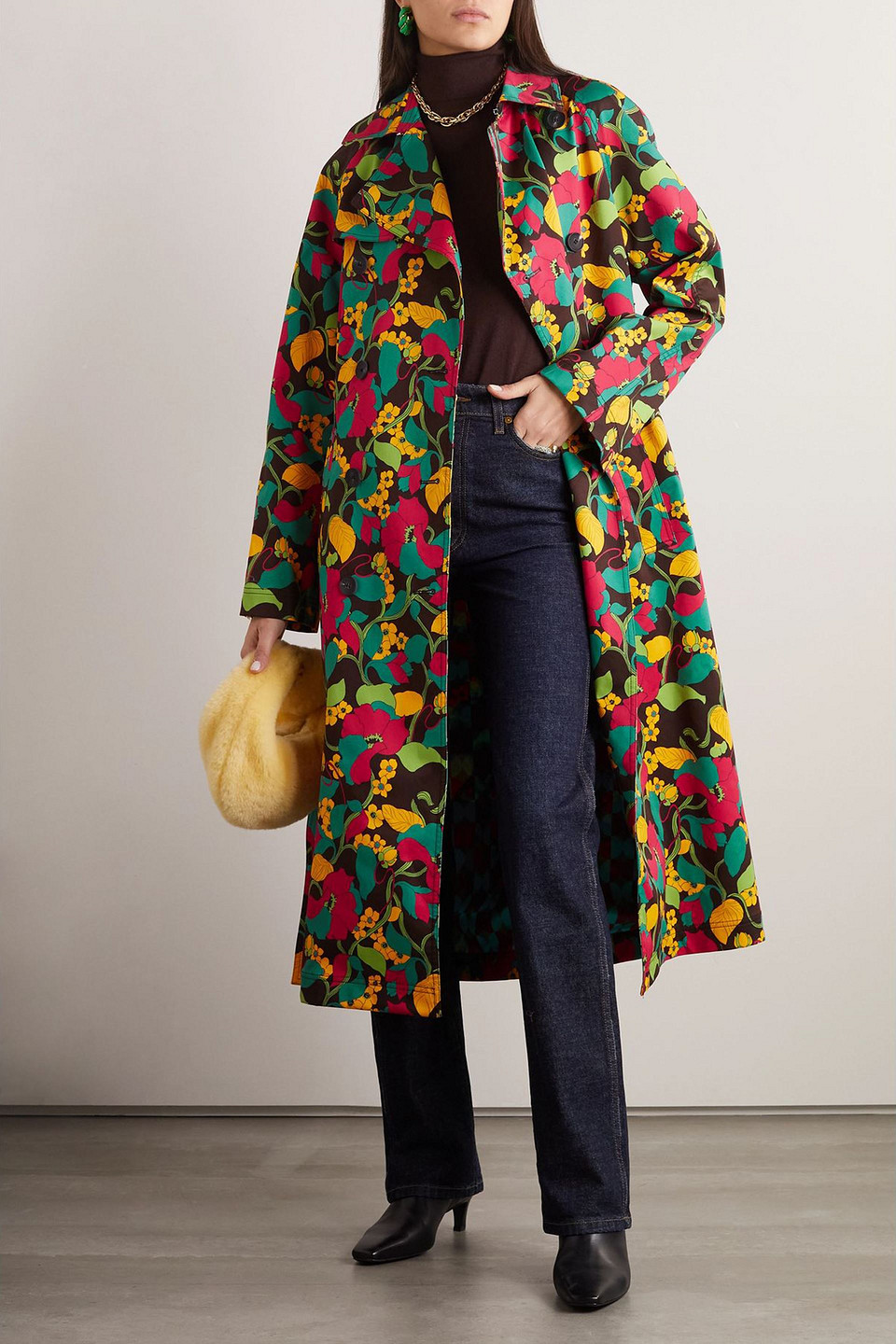 La Doublej Floral-print Cotton-blend Canvas Trench Coat In Red