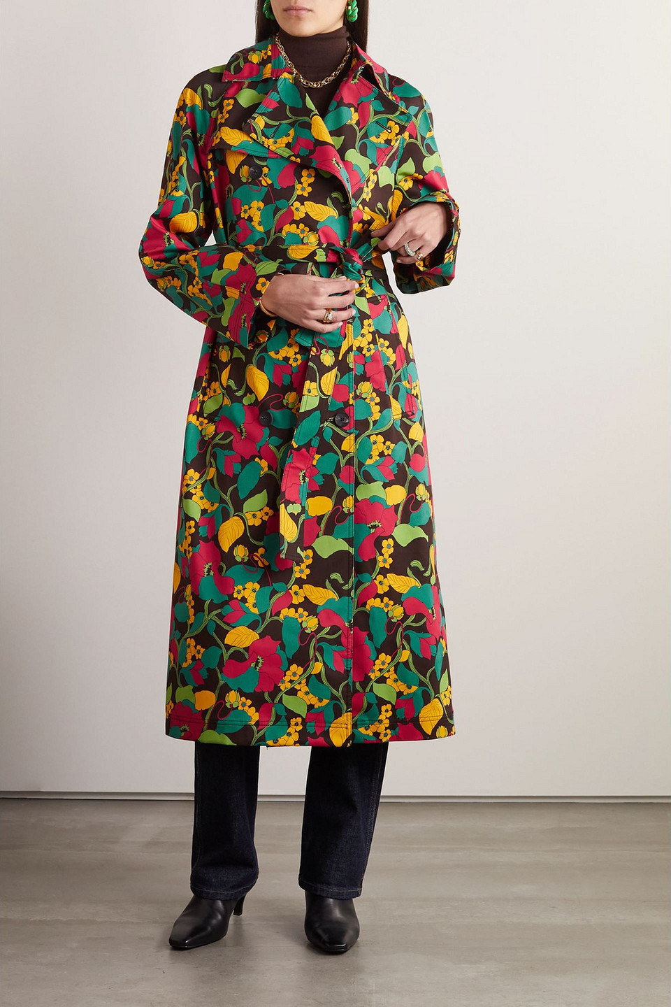 La Doublej Floral-print Cotton-blend Canvas Trench Coat In Red