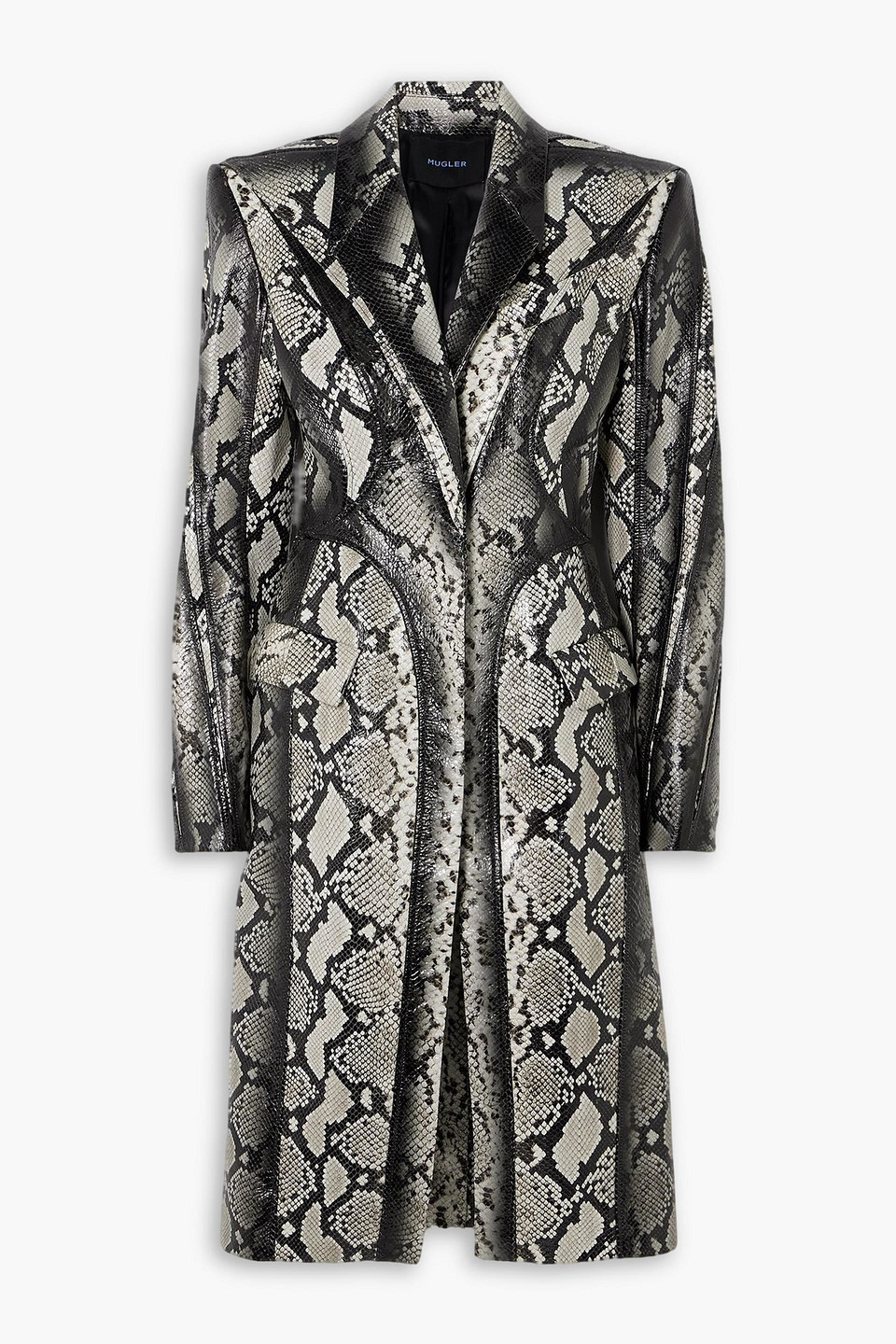Mugler Paneled Snake-effect Leather Coat In Gray