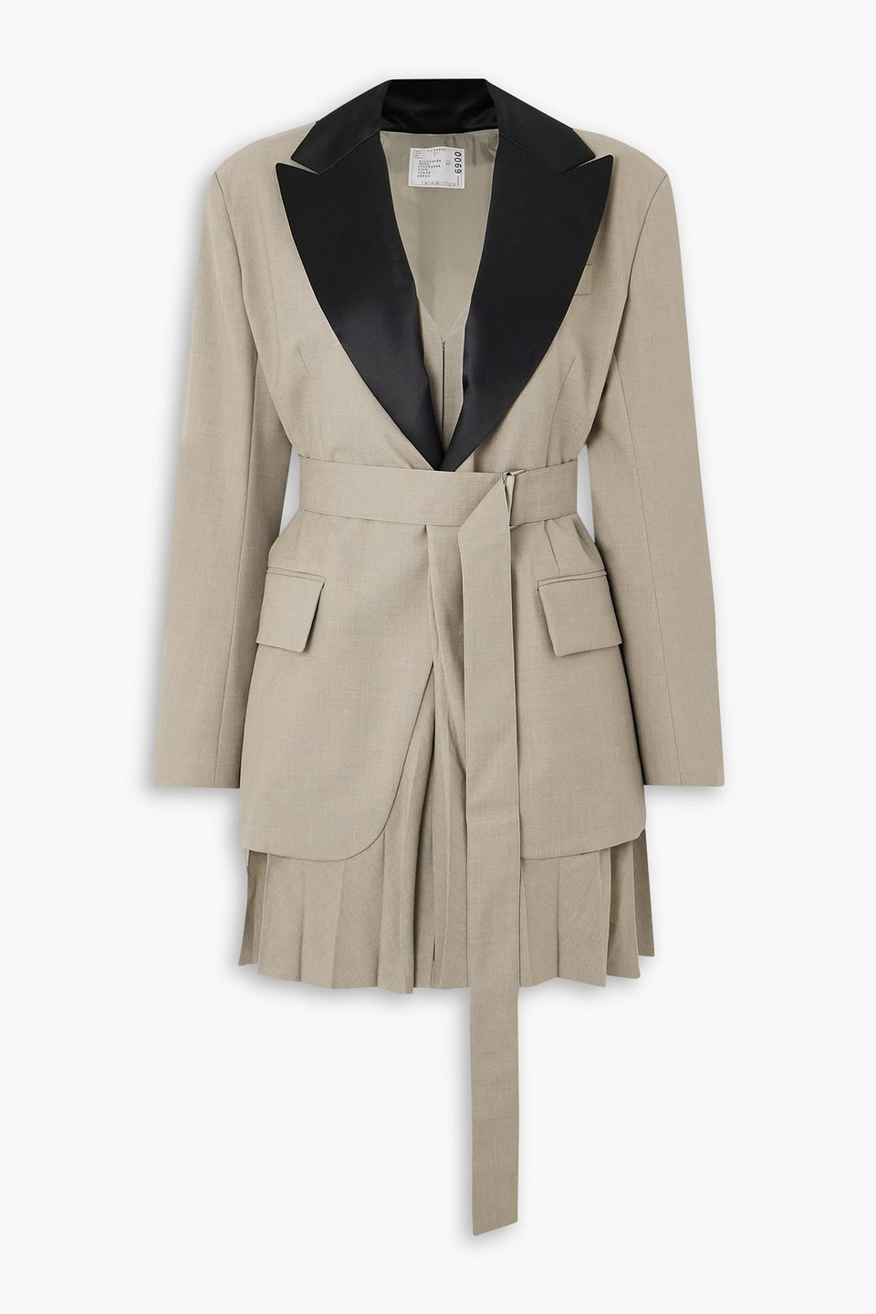 Sacai Belted Satin-trimmed Woven Blazer In Gray