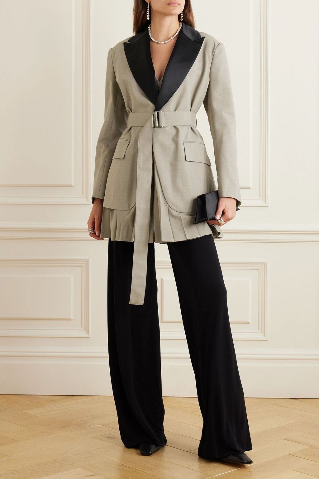 SACAI Belted satin-trimmed woven blazer