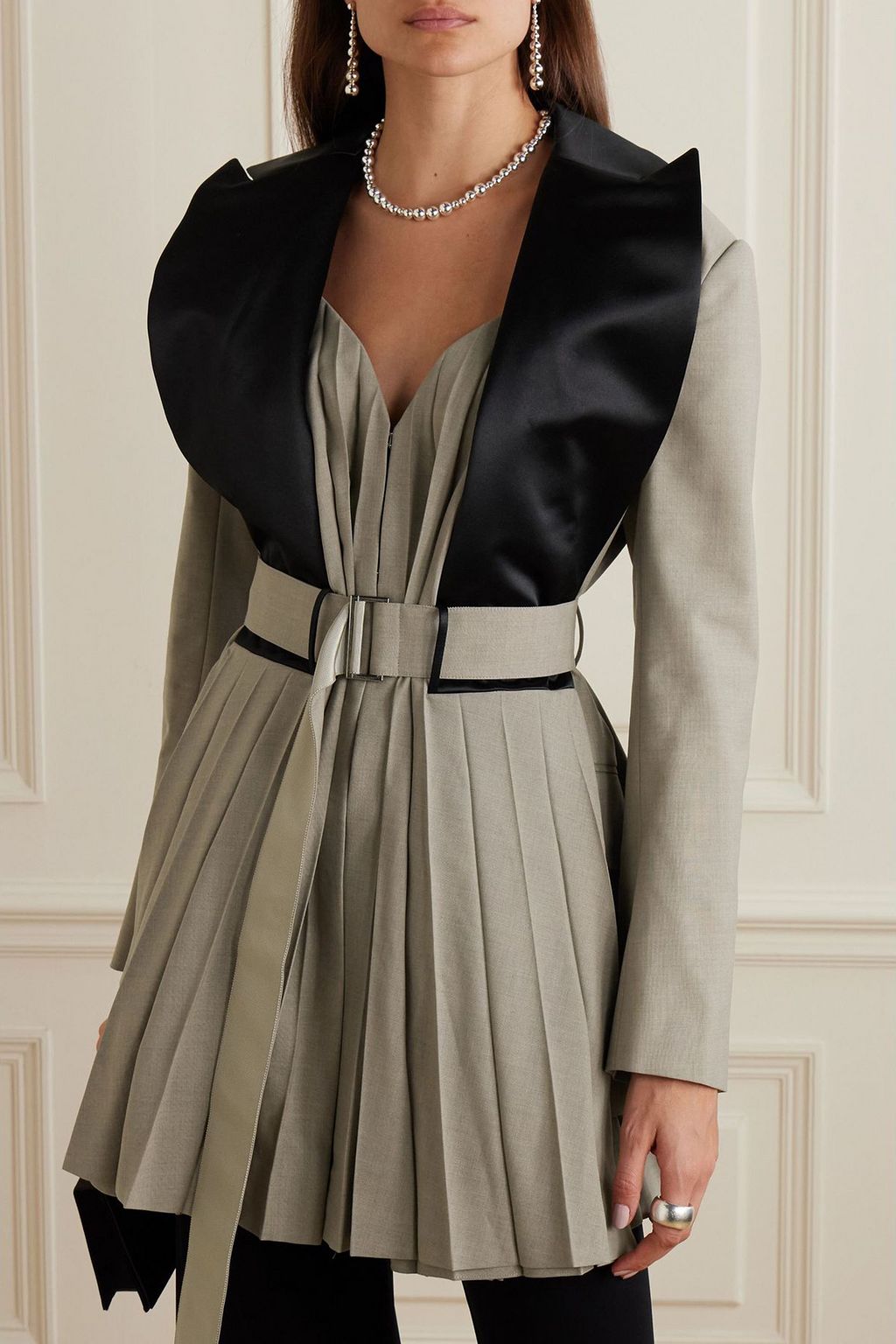 SACAI Belted satin-trimmed woven blazer