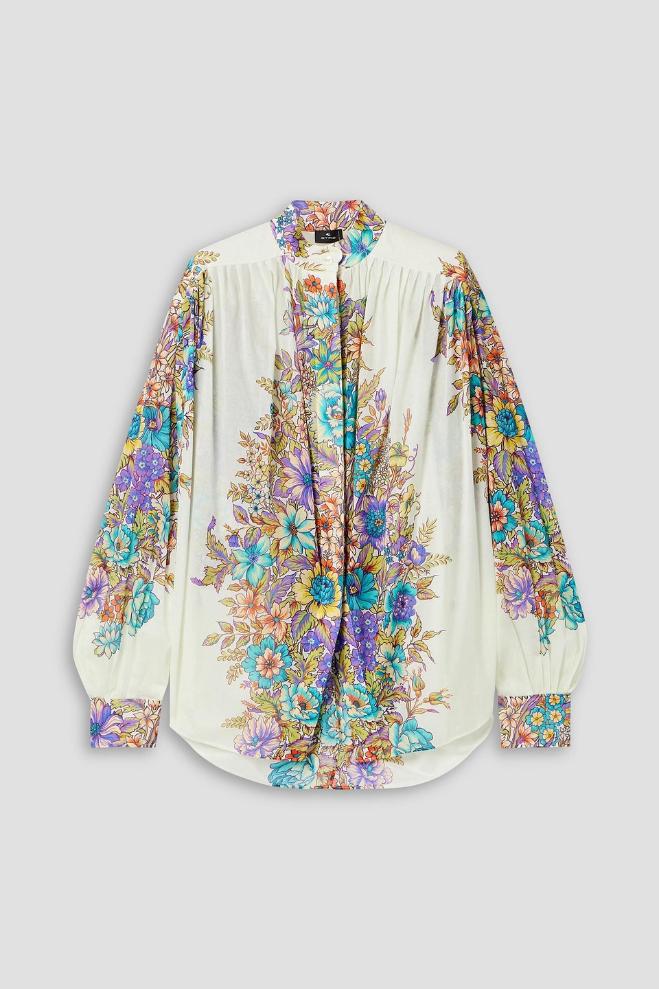 Oversized pleated floral-print cotton-voile shirt