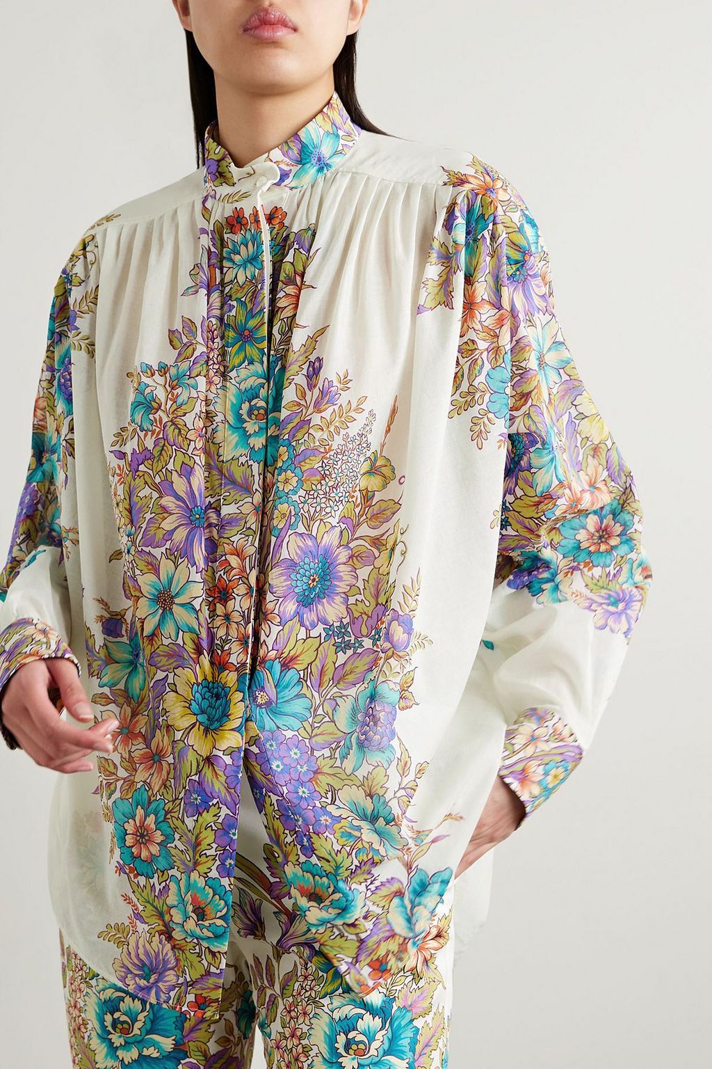 ETRO Oversized-Hemd aus Baumwoll-Voile mit Blumenprint und Falten