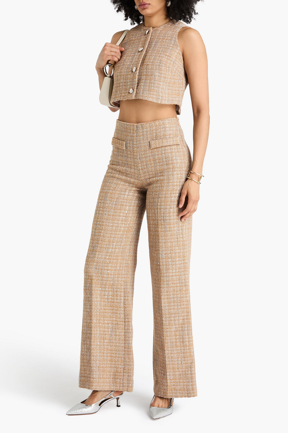  Sandro - Hose Mit Weitem Bein Aus Metallic-tweed - Neutral - Fr 40 