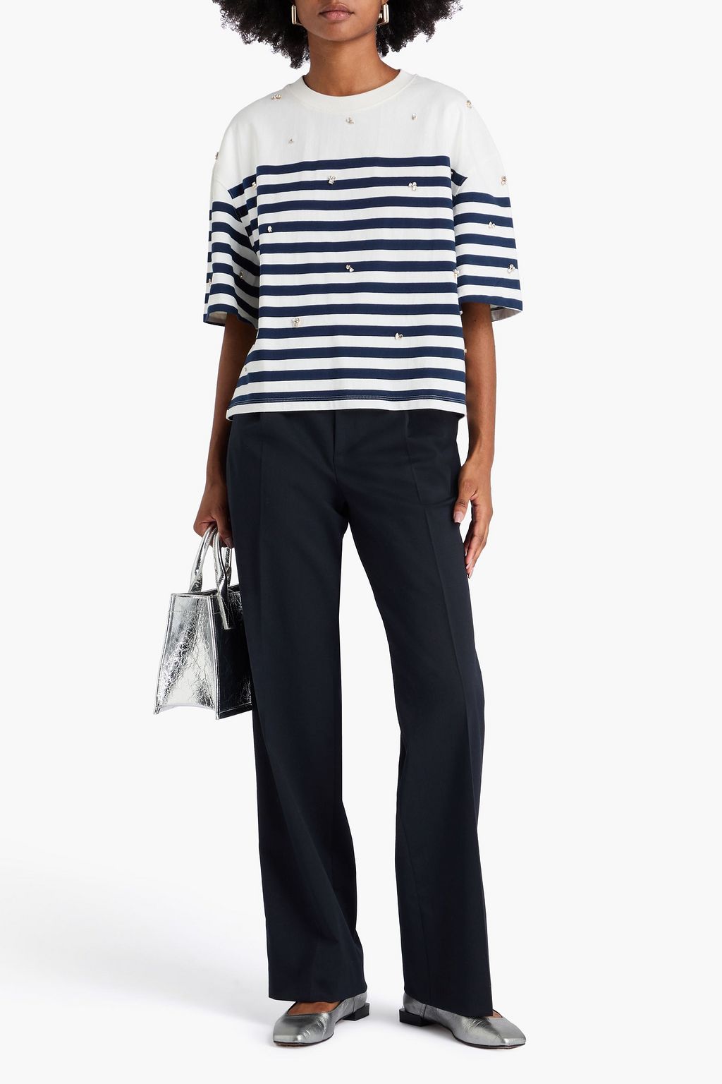 SANDRO Striped crystal-embellished cotton-jersey T-shirt