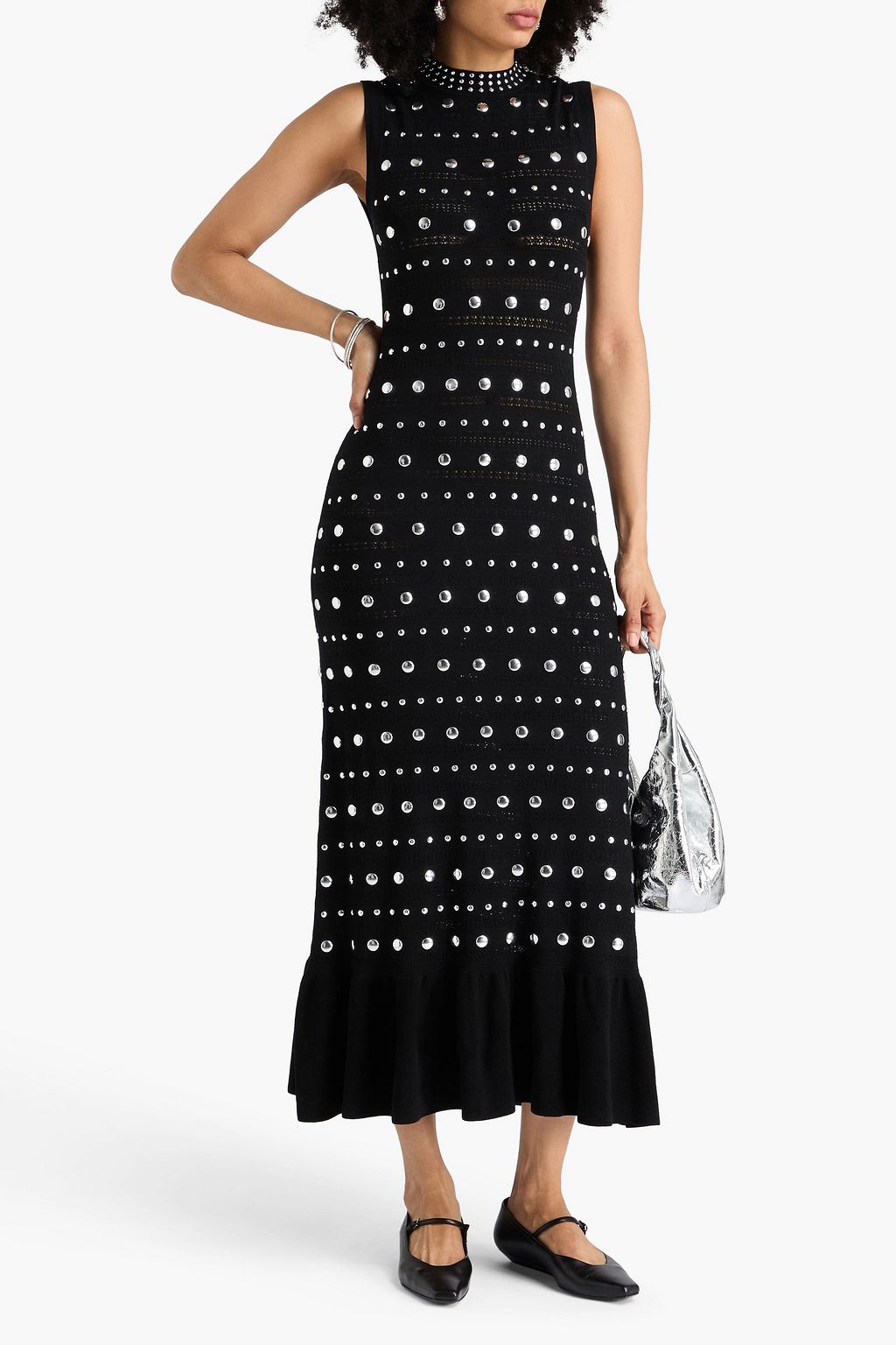 SANDRO Studded crochet-knit wool-blend midi dress