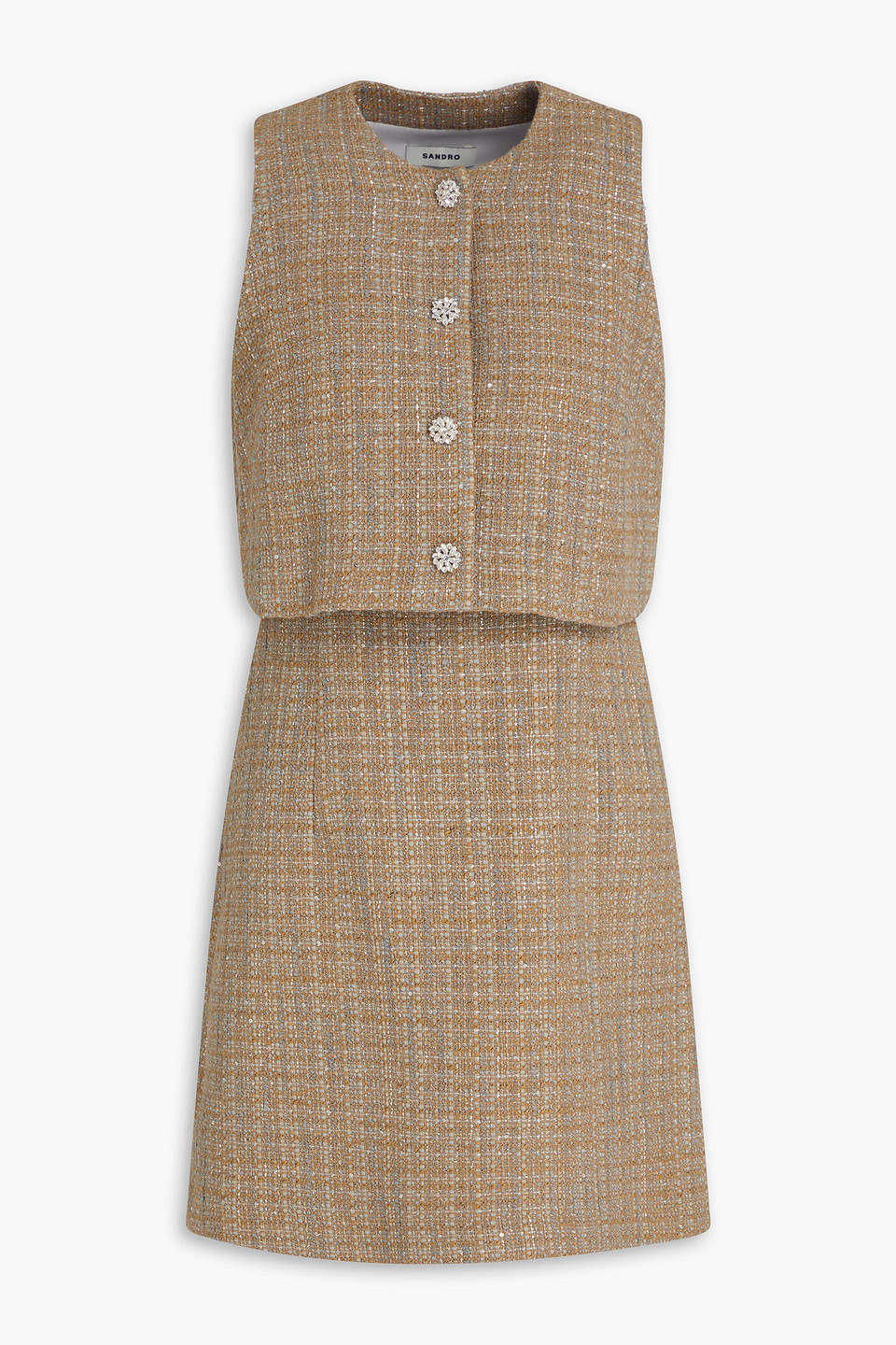 Sandro Embellished Metallic Tweed Mini Dress In Brown