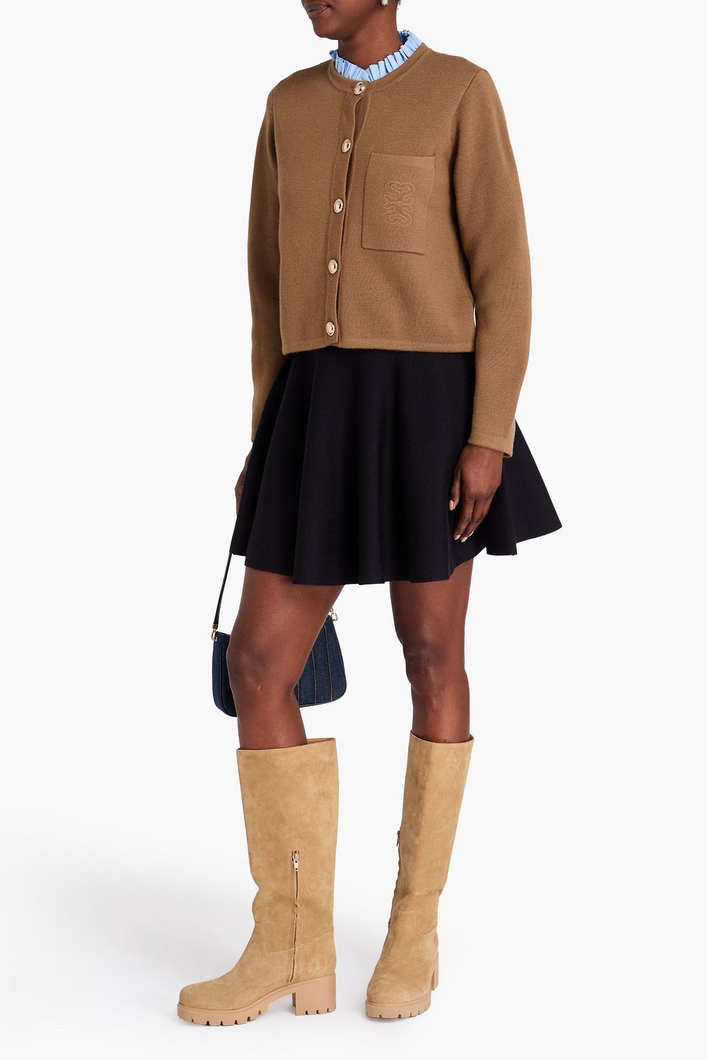 SANDRO Ruffled poplin-trimmed knitted cardigan