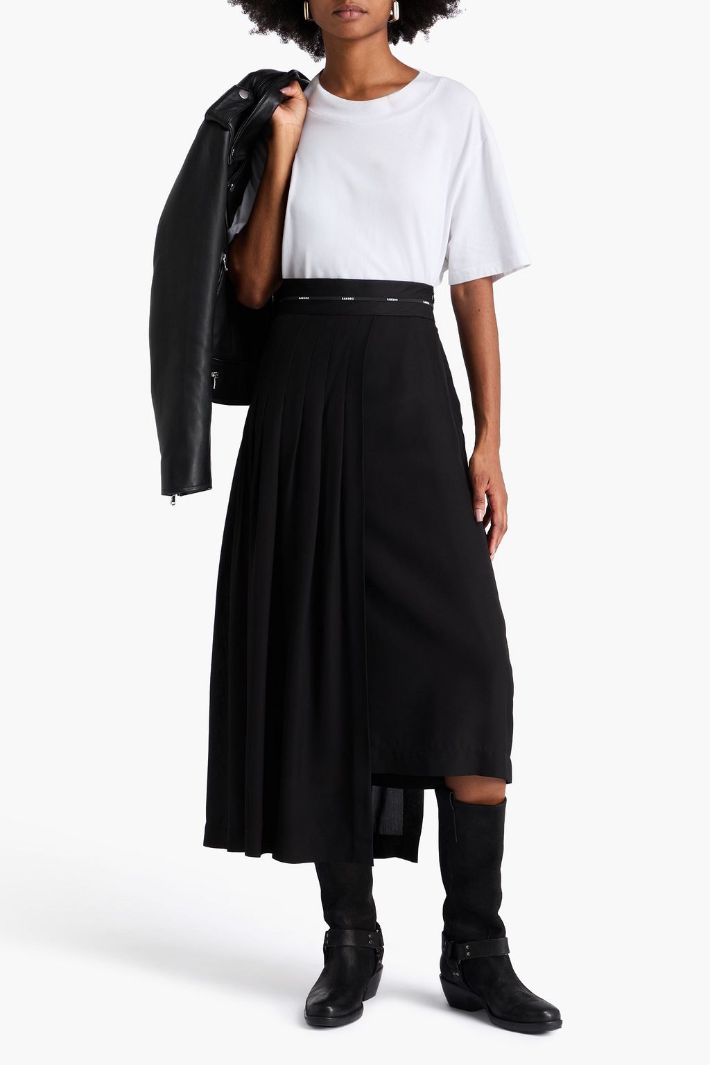 SANDRO Asymmetric wrap-effect piqué midi skirt