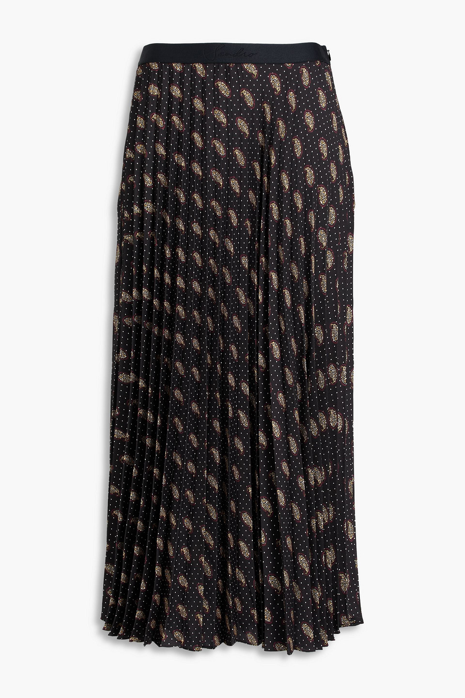 sandro - pleated paisley-print satin-twill midi skirt - black - fr 38