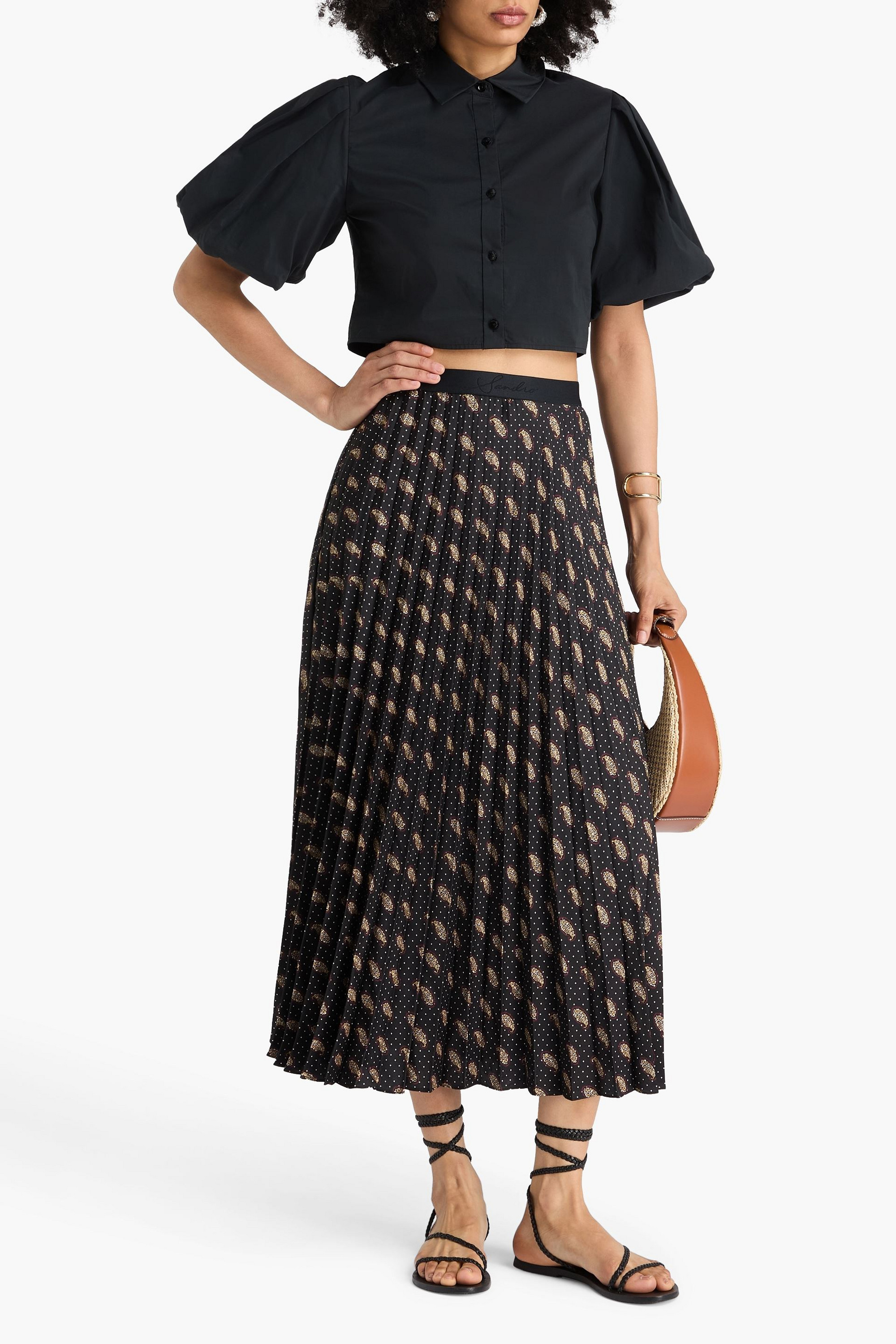 SANDRO Pleated paisley-print satin-twill midi skirt