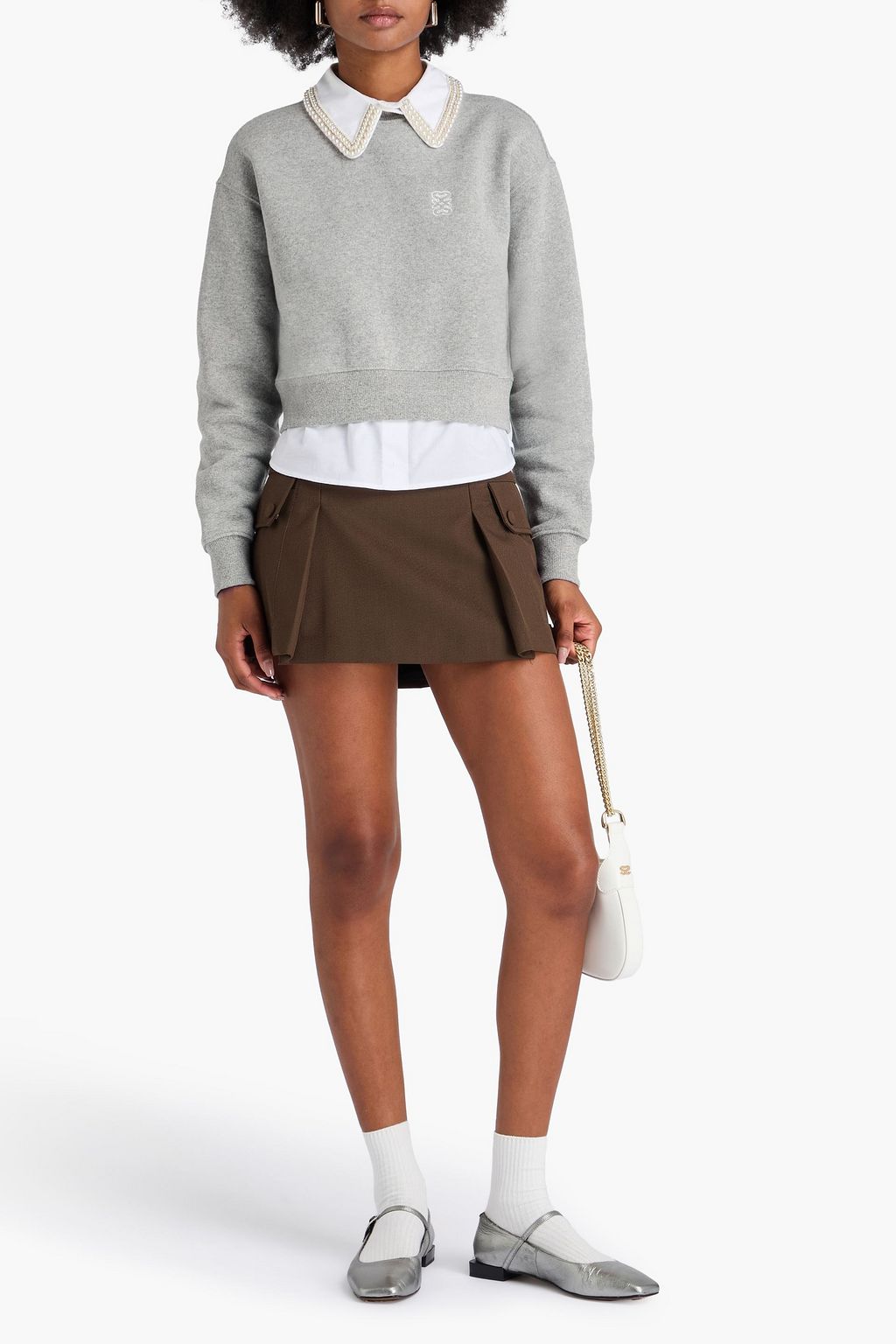 SANDRO Embellished poplin-trimmed cotton-blend fleece sweatshirt
