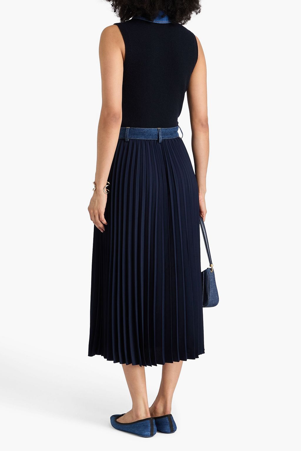 SANDRO Denim-paneled crepe midi skirt