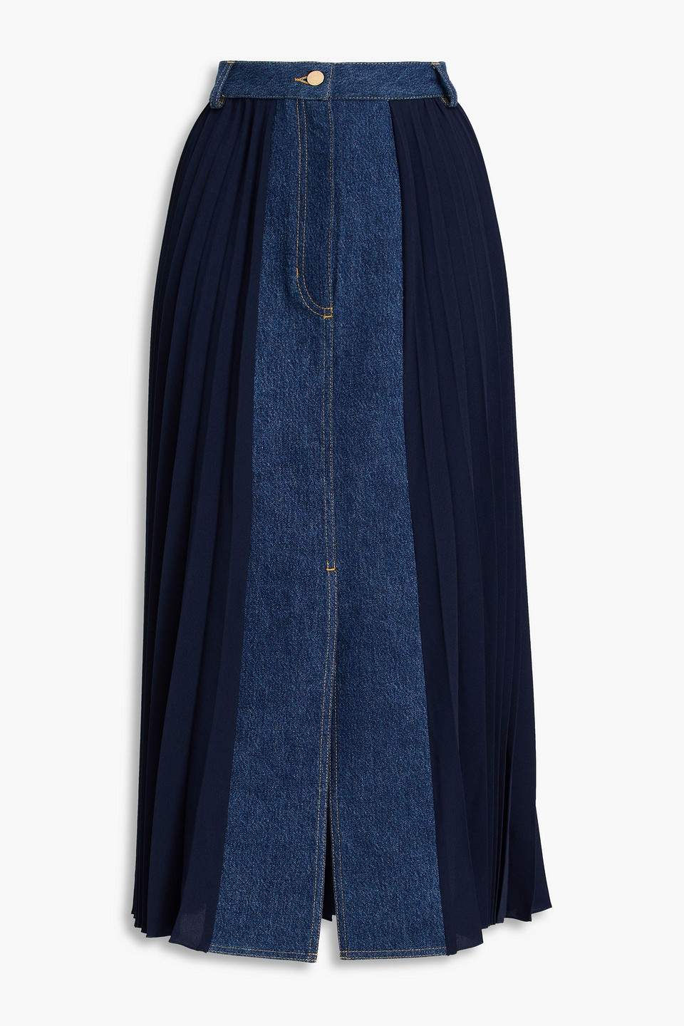 sandro - denim-paneled crepe midi skirt - blue - fr 34