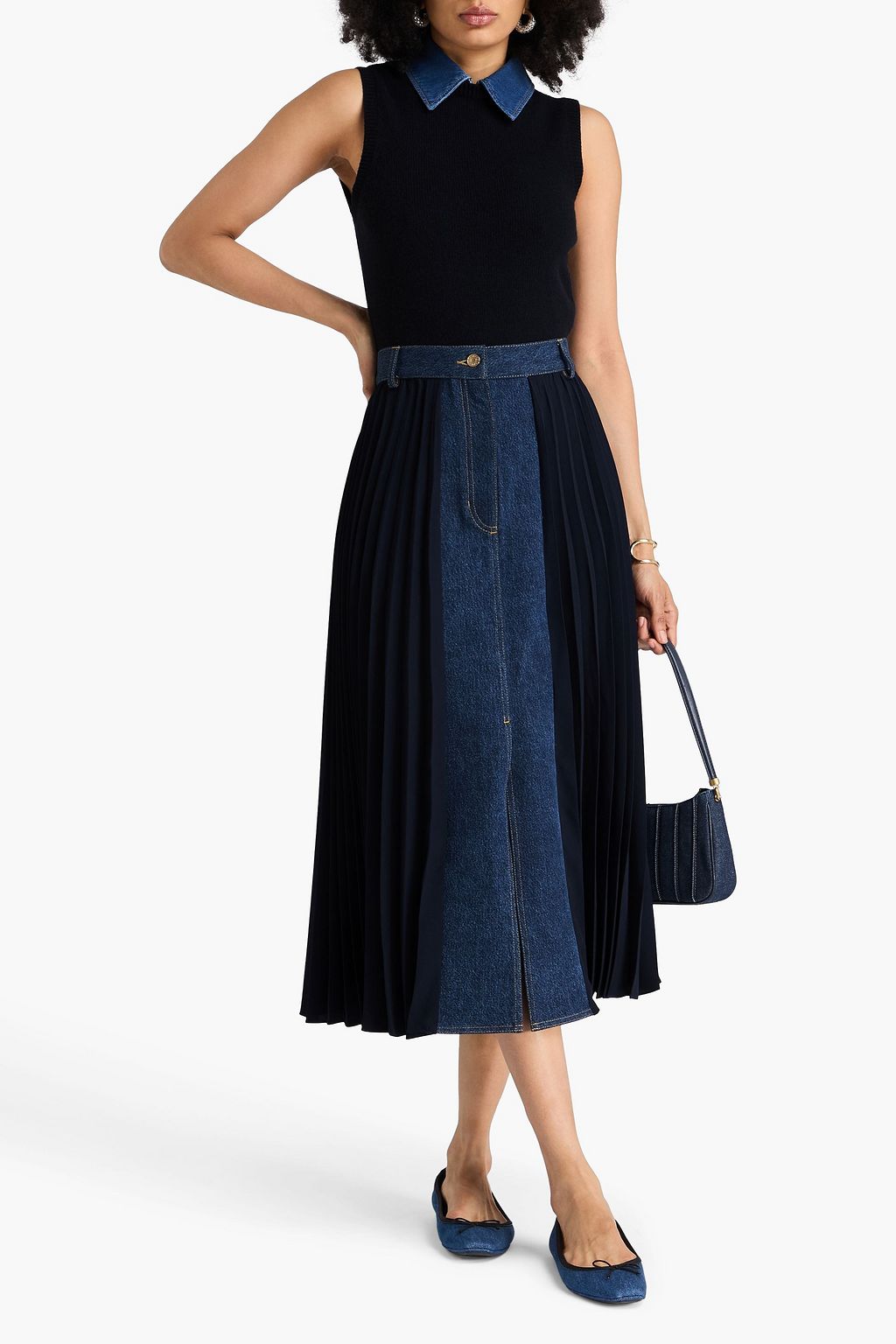 SANDRO Denim-paneled crepe midi skirt