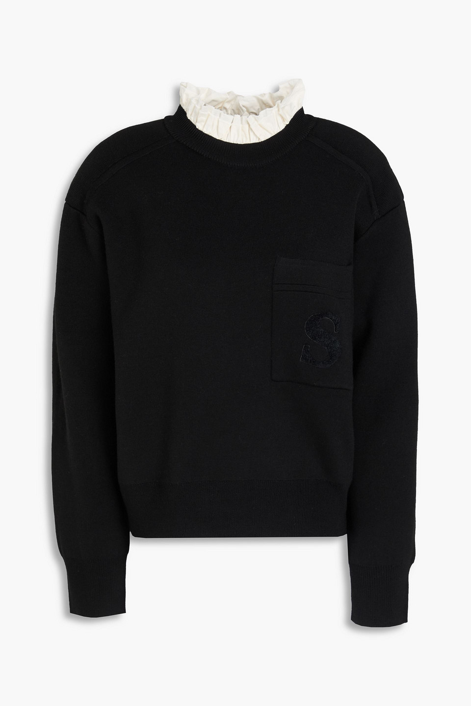 sandro - ruffled poplin-trimmed knitted sweater - black - 4