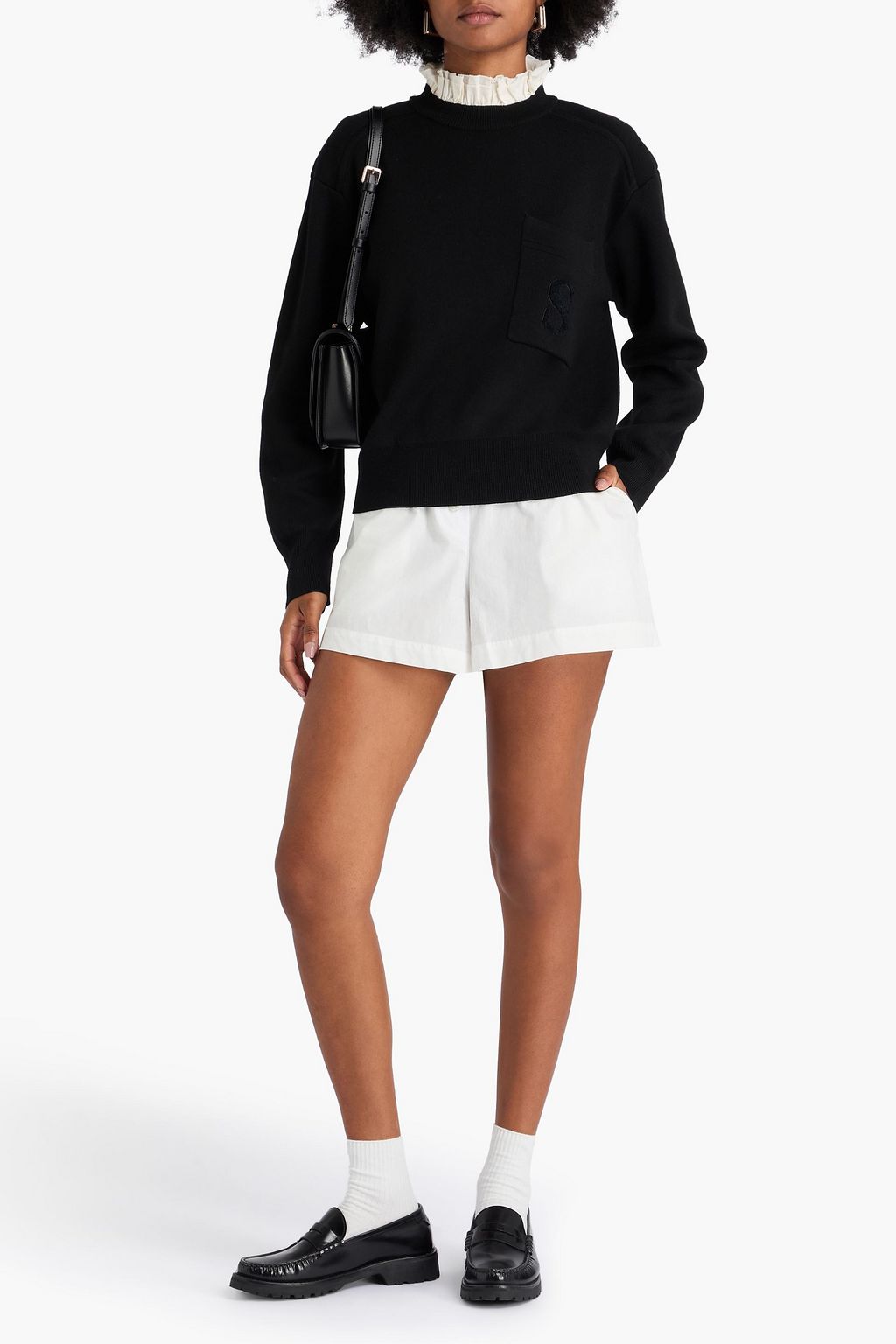 SANDRO Ruffled poplin-trimmed knitted sweater