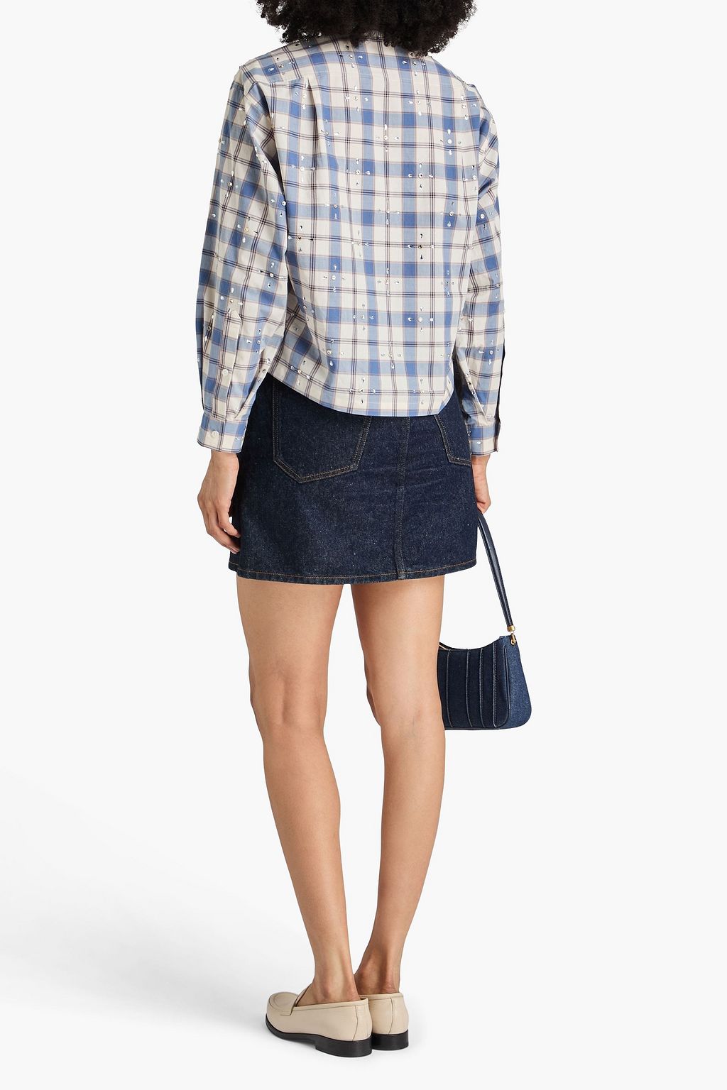 SANDRO Crystal-embellished checked cotton shirt