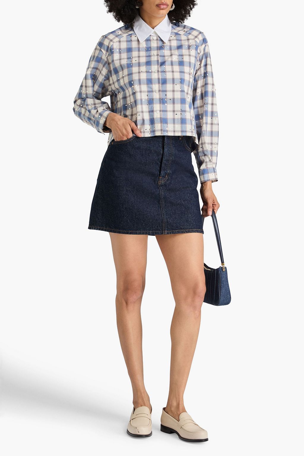 SANDRO Crystal-embellished checked cotton shirt