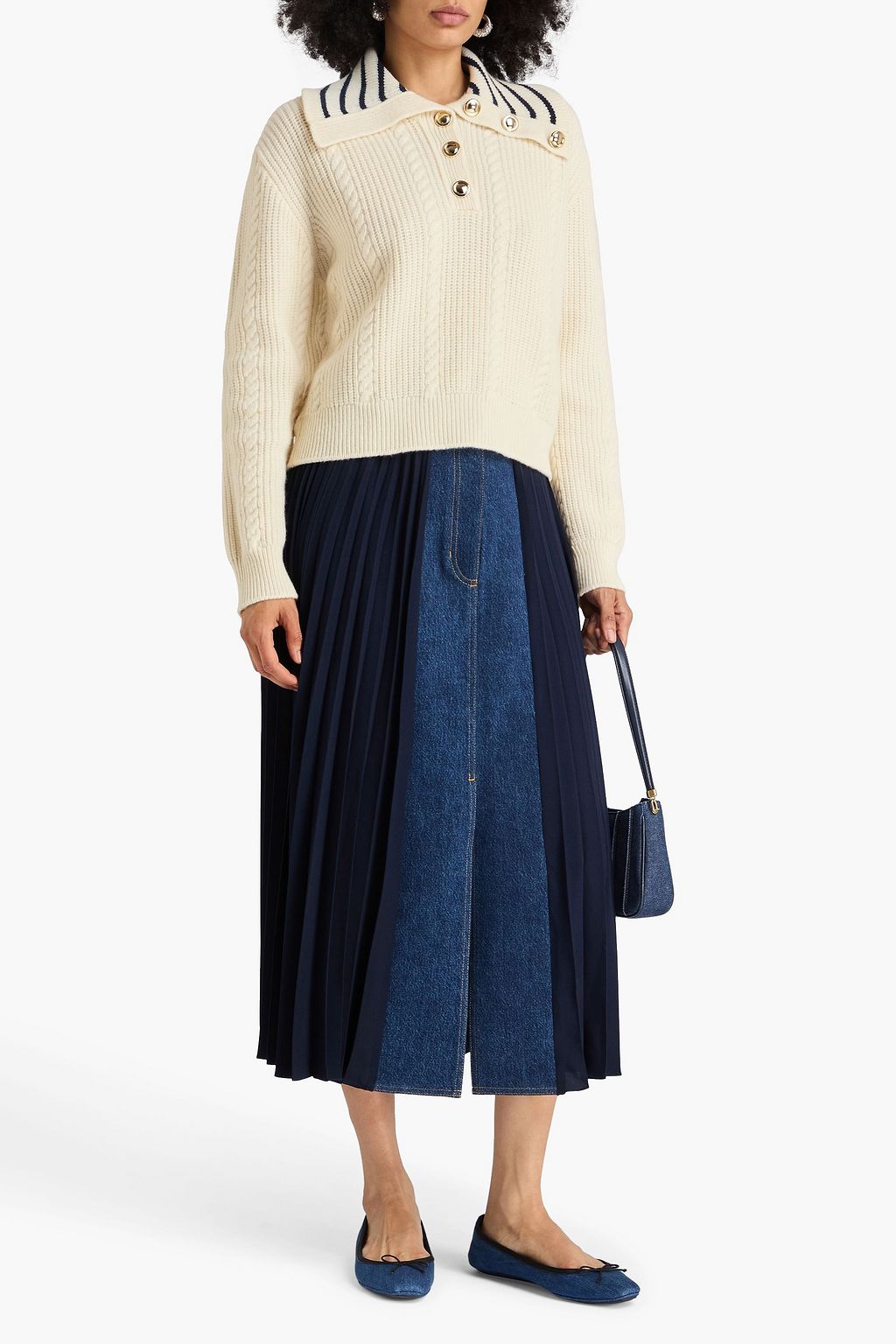 SANDRO Cable-knit wool-blend polo sweater
