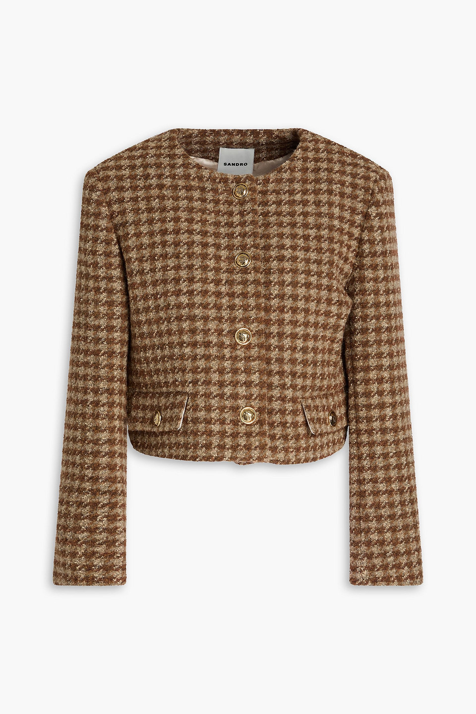 Sandro Cropped Houndstooth Bouclé-tweed Jacket In Brown