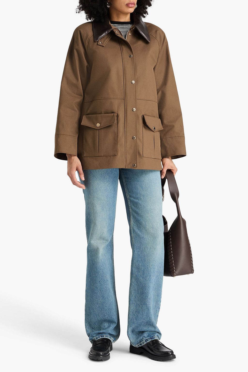SANDRO Leather-trimmed cotton-blend twill jacket