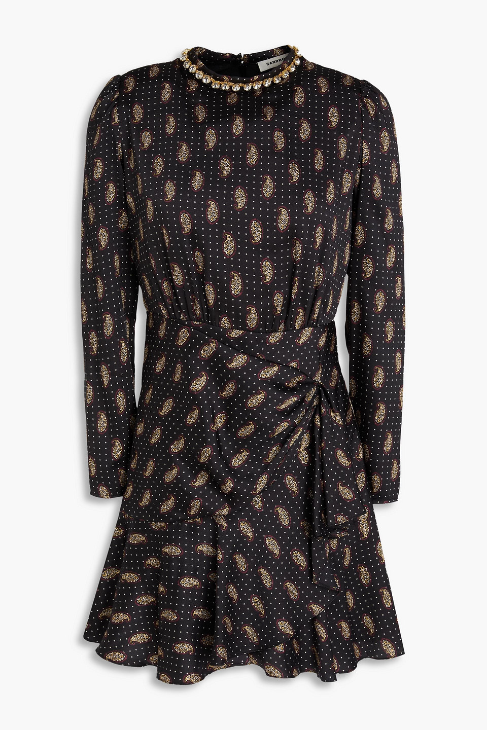 sandro - crystal-embellished paisley-print satin-twill mini dress - black - fr 34