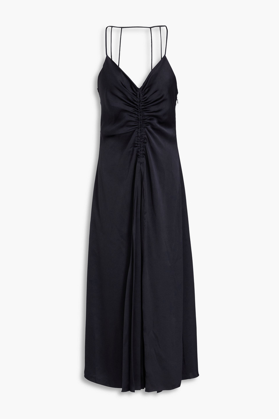 Sandro Ruched Satin-twill Maxi Dress In Blue